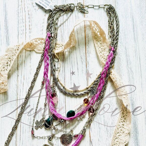 FREE PEOPLE Luca Silver Extreme Layered Necklace In Lilac NWT - Picture 4 of 7